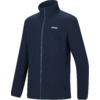Dunkelblaue Fleecejacke mit durchgehendem Reißverschluss, Stehkragen, langen Ärmeln, zwei seitlichen Reißverschlusstaschen und kleinem weißen Logo auf der Brust