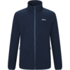Dunkelblaue Jacke mit durchgehendem Reißverschluss, Stehkragen, langen Ärmeln, zwei seitlichen Reißverschlusstaschen und kleinem weißen Logo auf der linken Brust