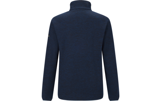 Rückansicht einer dunkelblauen Jacke mit Stehkragen, langen Ärmeln und kleinem Logo am linken Ärmel