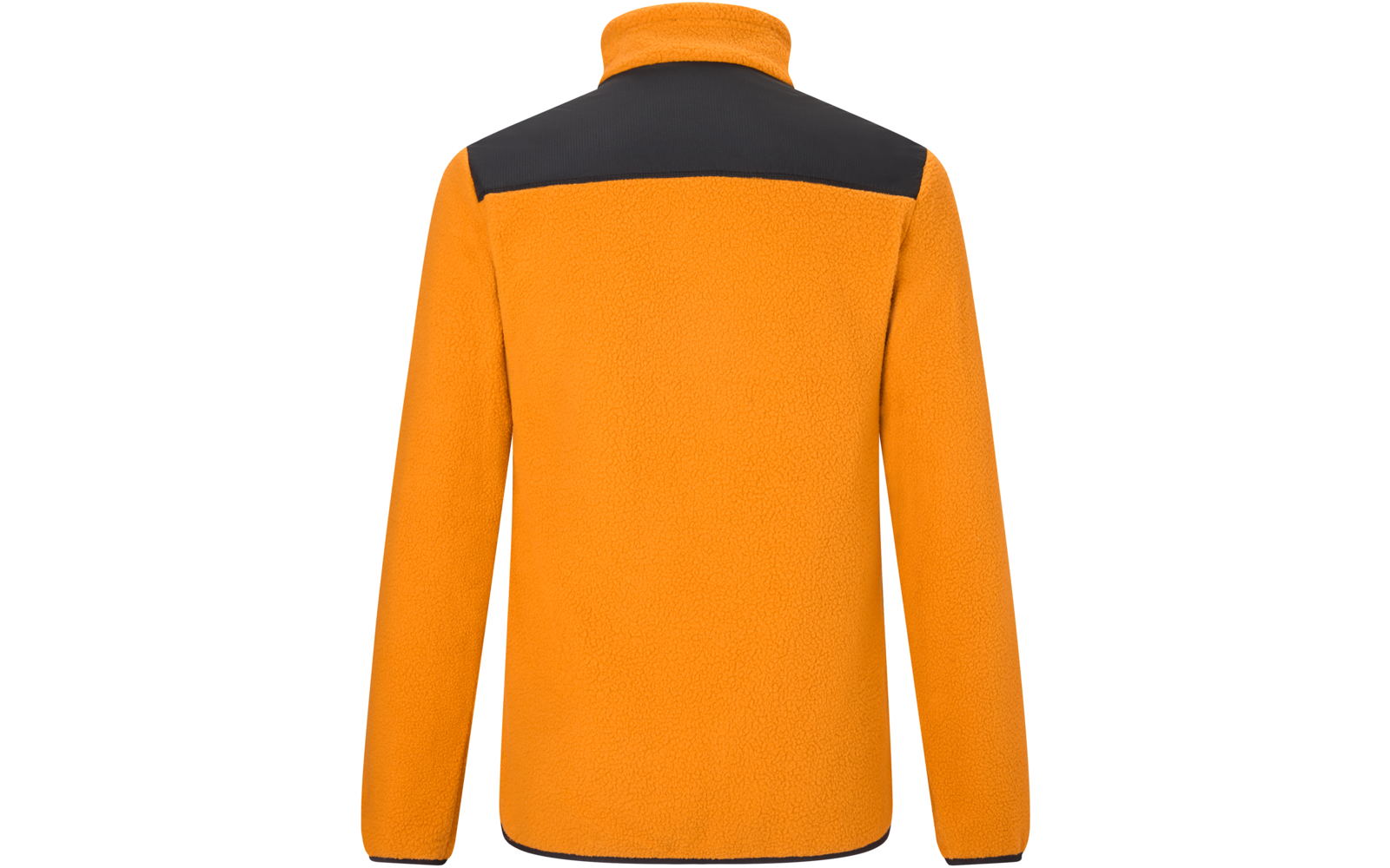 Rückansicht einer orangefarbenen Fleecejacke mit schwarzem Einsatz über den Schultern