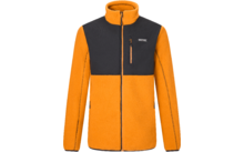 Orangefarbene Fleecejacke mit schwarzem Brustpaneel, Stehkragen, durchgehendem Reißverschluss, zwei seitlichen Reißverschlusstaschen und einer Brusttasche mit Reißverschluss; weißes Logo auf der linken Brust