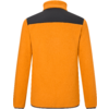 Rückansicht einer orangefarbenen Fleecejacke mit schwarzem Einsatz über den Schultern