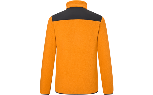 Rückansicht einer orangefarbenen Fleecejacke mit schwarzem Einsatz über den Schultern