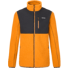 Orangefarbene Fleecejacke mit schwarzem Brustpaneel, Stehkragen, durchgehendem Reißverschluss, zwei seitlichen Reißverschlusstaschen und einer Brusttasche mit Reißverschluss; weißes Logo auf der linken Brust