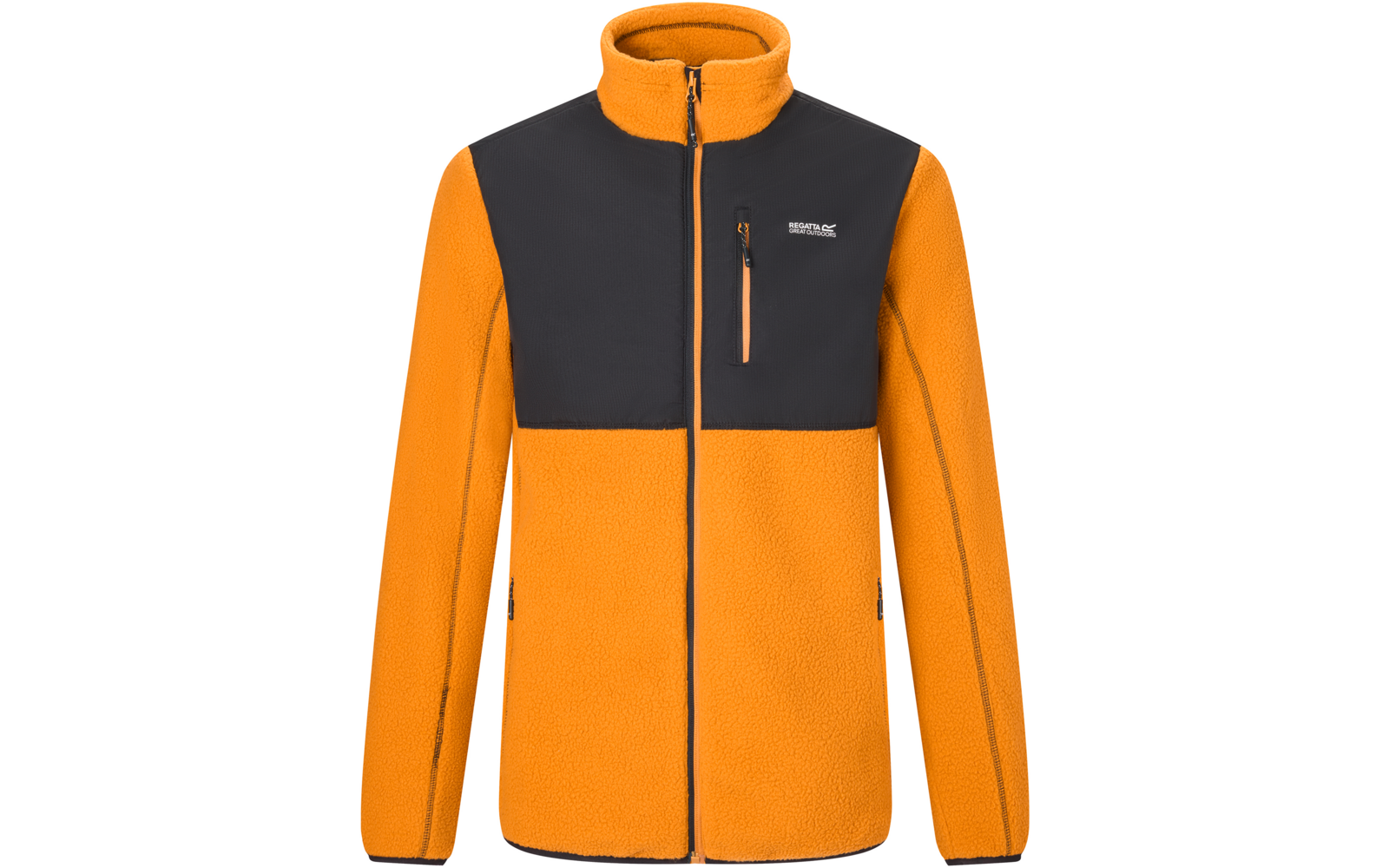 Orangefarbene Fleecejacke mit schwarzem Brustpaneel, Stehkragen, durchgehendem Reißverschluss, zwei seitlichen Reißverschlusstaschen und einer Brusttasche mit Reißverschluss; weißes Logo auf der linken Brust
