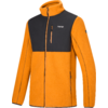 Orange Fleecejacke mit schwarzem Schulter- und Brustteil, durchgehendem Reißverschluss, kleiner Brusttasche mit Reißverschluss, zwei seitlichen Reißverschlusstaschen und Stehkragen