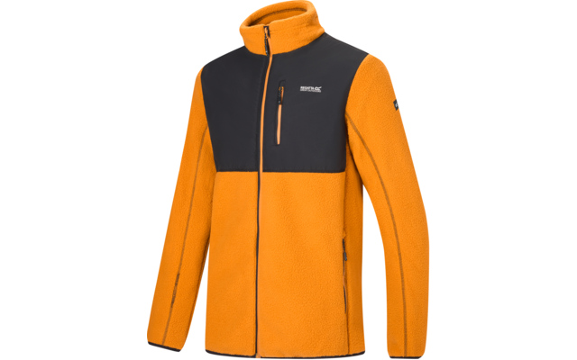 Orange Fleecejacke mit schwarzem Schulter- und Brustteil, durchgehendem Reißverschluss, kleiner Brusttasche mit Reißverschluss, zwei seitlichen Reißverschlusstaschen und Stehkragen