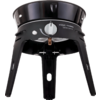 Dispositivo de cocina eléctrico negro con tres patas y una perilla giratoria en la parte frontal