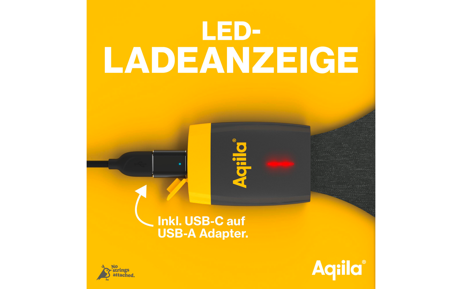 Zwart oplader met rood Aqila-logo en USB-A-adapter verbonden met een witte kabel op een gele achtergrond met de tekst 'LED-LADEANZEIGE'