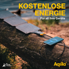 Zonnepanelen op een dak met een smartphone, gele tekst 'Gratis energie' en witte tekst 'Voor alle apparaten'