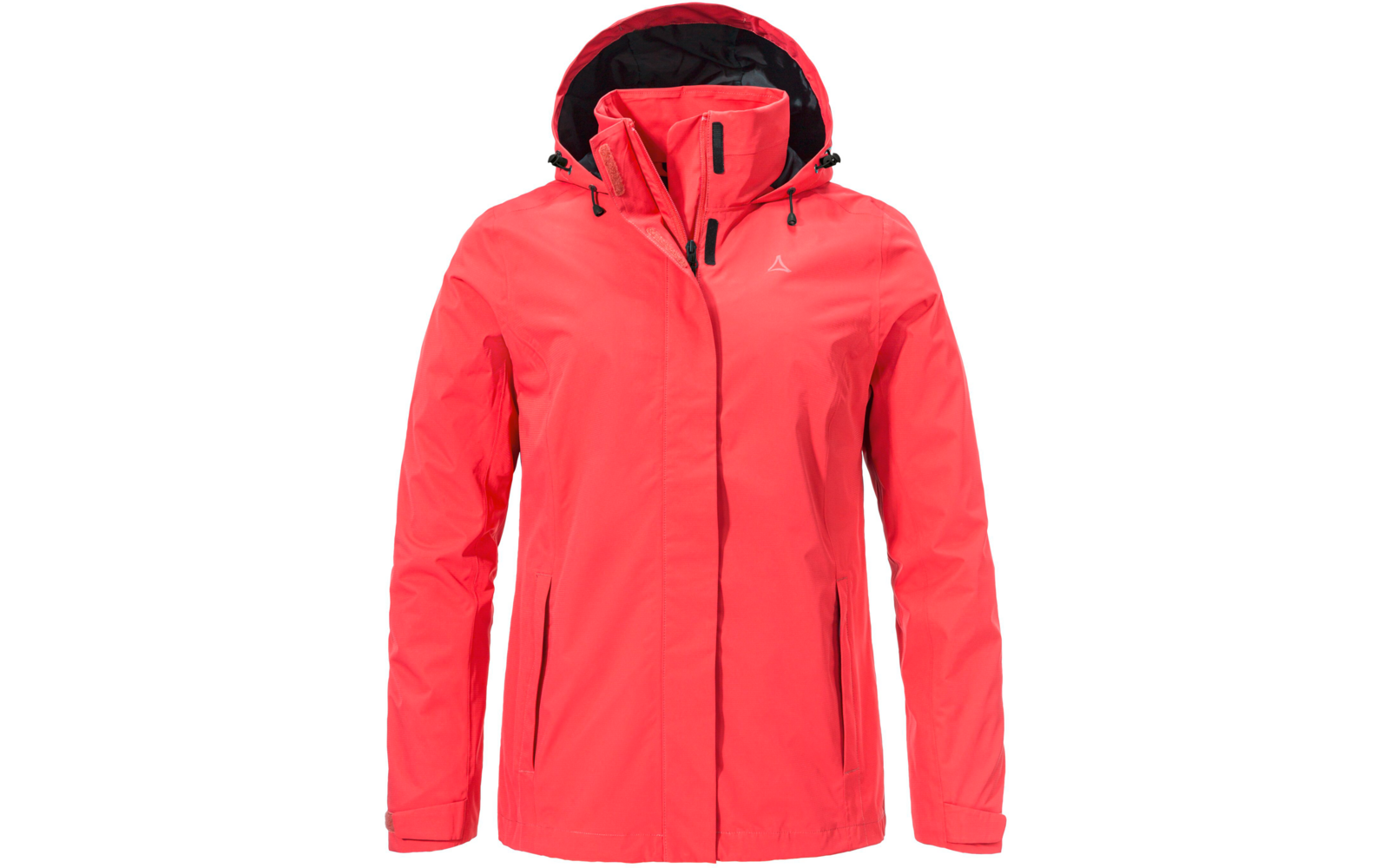 Rote Damenjacke mit Kapuze, durchgehendem Reißverschluss und seitlichen Taschen