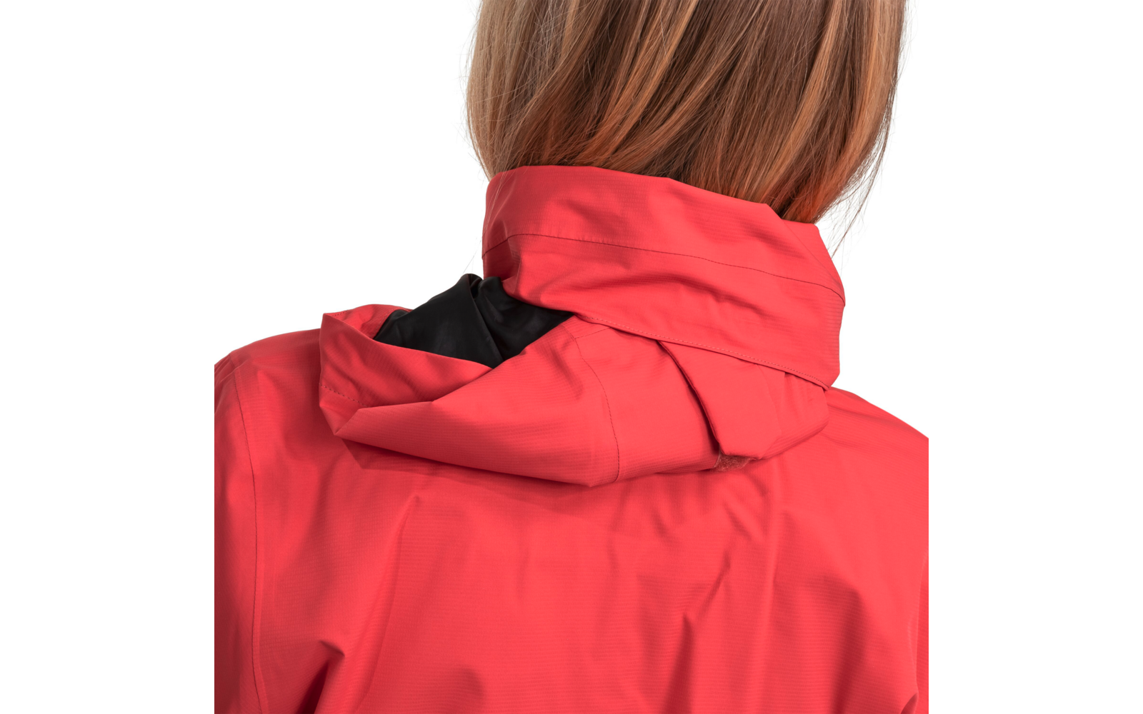 Rückansicht einer Person mit roten Jacke und Kapuze