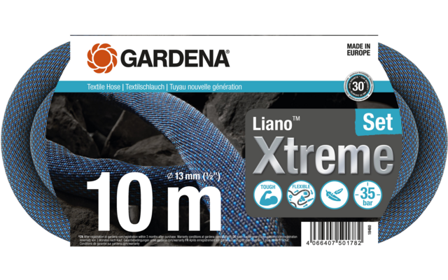 Blauw-zwart gevlochten slang met papieren wikkel, Gardena-logo, tekst '10 m' en 'Liano Xtreme Set'