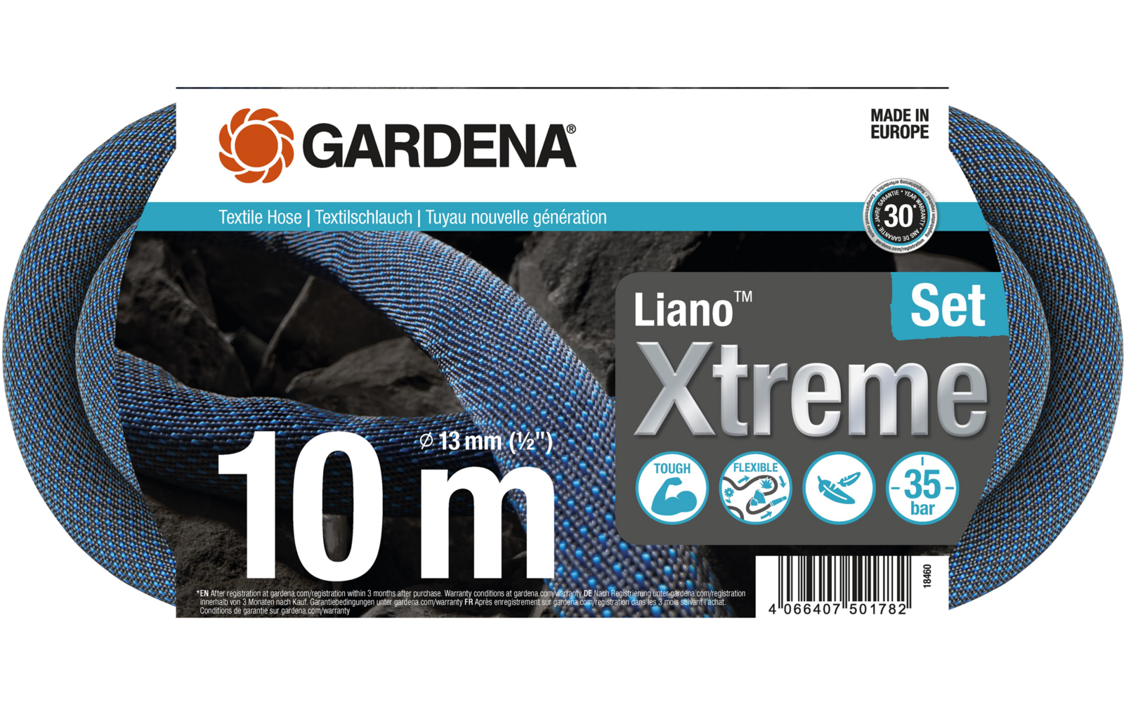 Blauw-zwart gevlochten slang met papieren wikkel, Gardena-logo, tekst '10 m' en 'Liano Xtreme Set'