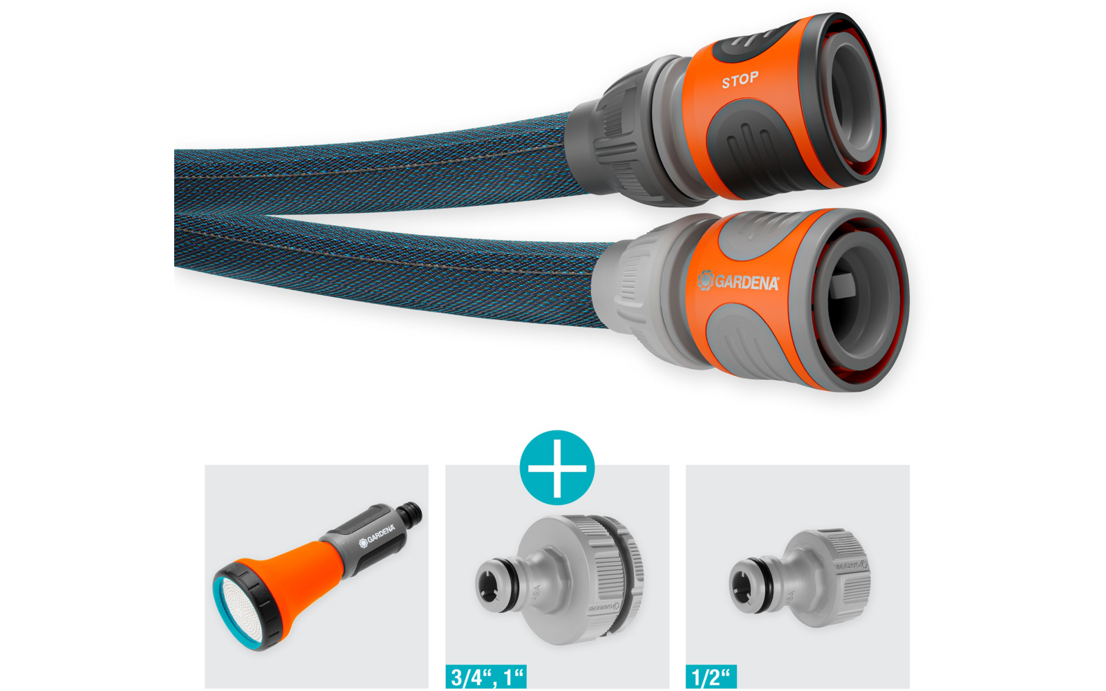 Twee blauwe tuinslangen met grijs-oranje snelkoppelingen, één koppeling met opschrift STOP en één met opschrift GARDENA; hieronder drie kleine productafbeeldingen: oranje-zwarte sproeikop, grijze adapter met plusteken erboven, nog een grijze adapter met afmetingen 3/4\", 1\" (midden) en 1/2\" (rechts)