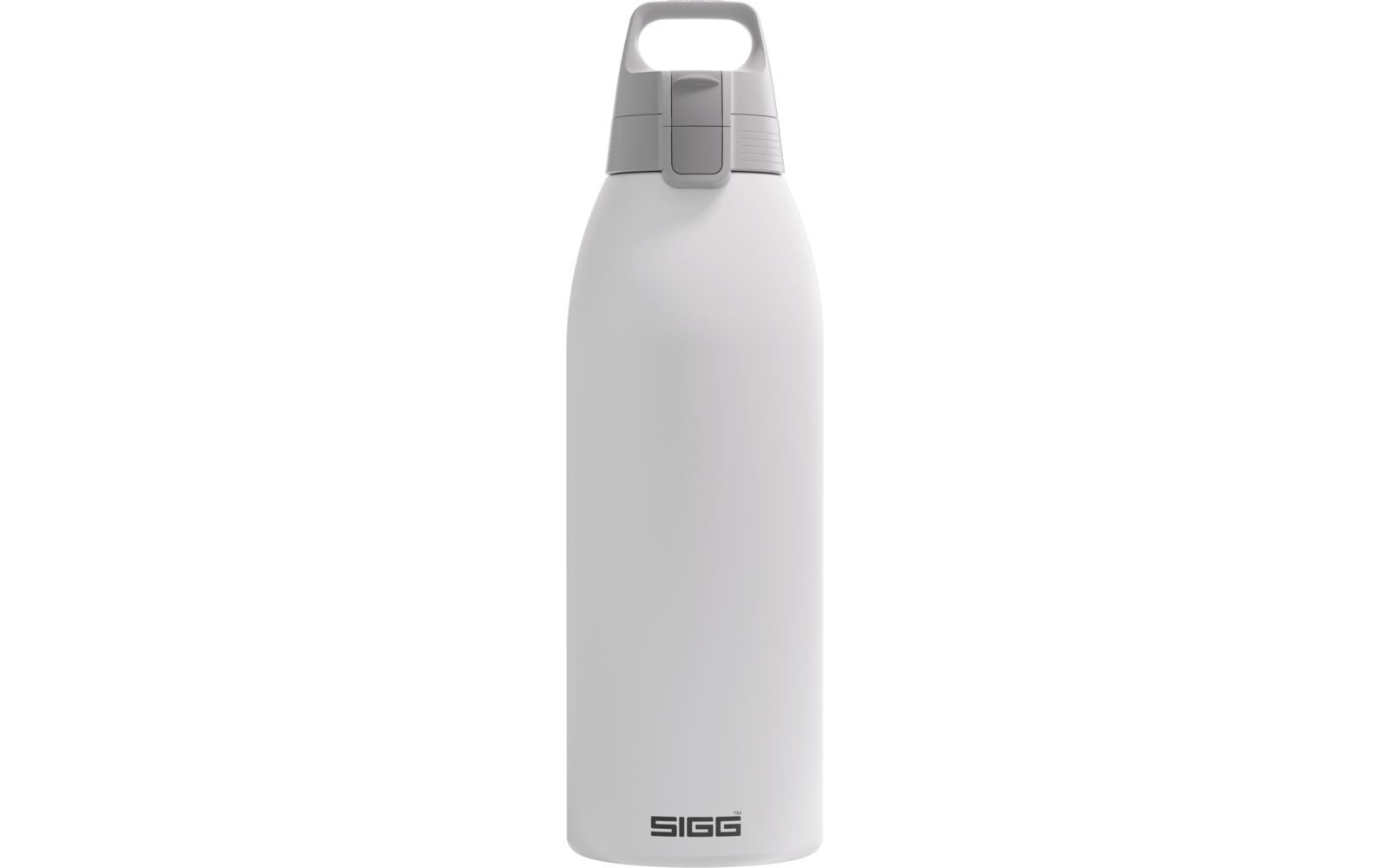 Weiße Flasche mit grauem Deckel und integriertem Tragegriff, 'SIGG'-Schriftzug am unteren Rand