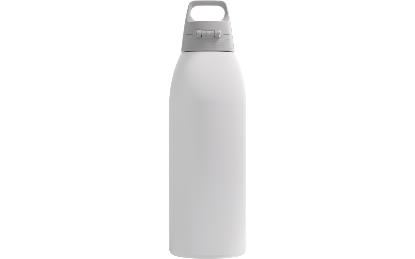 Weiße Flasche mit grauem Deckel und integriertem Tragegriff