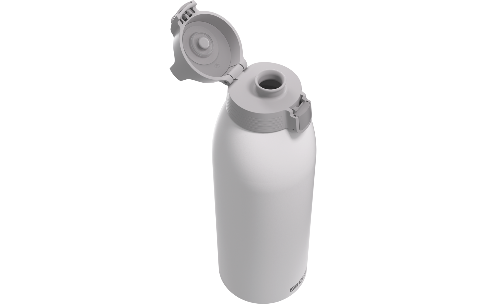 Weiße Flasche mit geöffnetem, scharnierendem Klappdeckel und sichtbarem Ausguss