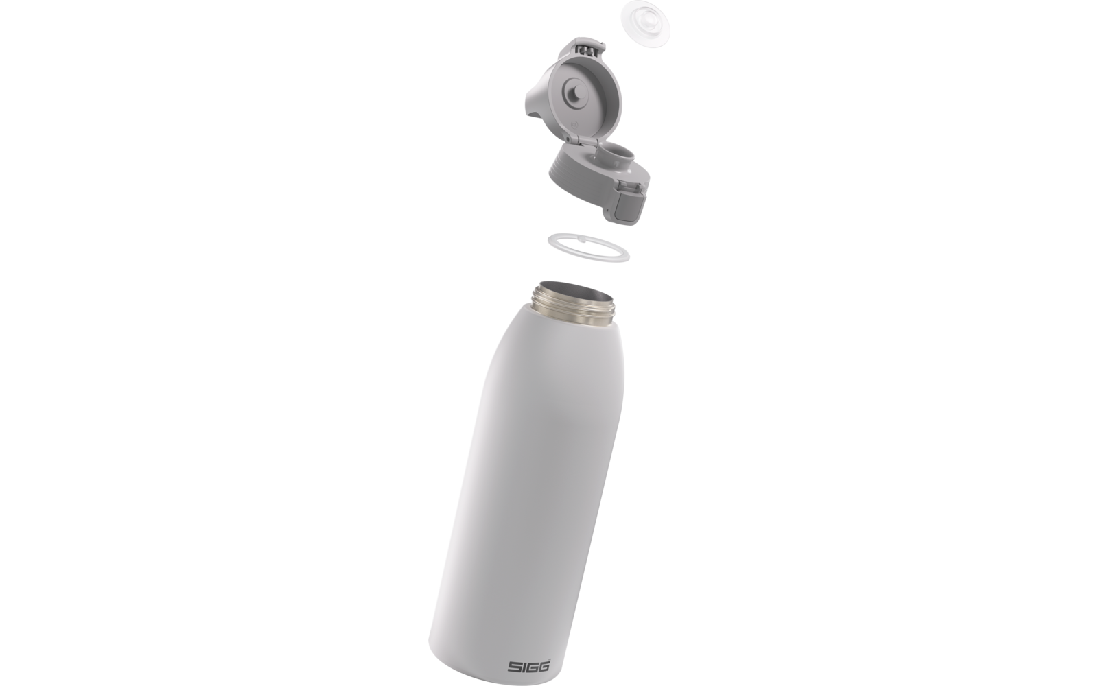 Weiße Trinkflasche mit abgenommenem Schraubverschluss und Dichtung, sichtbarer silberner Flaschenrand