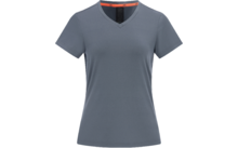 T-shirt gris-bleu à col en V et manches courtes, vue de face sur fond blanc