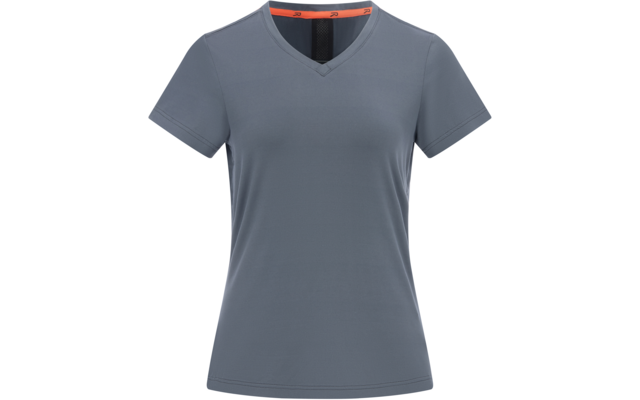 Graublaues T‑Shirt mit V‑Ausschnitt und kurzen Ärmeln, Vorderansicht vor weißem Hintergrund