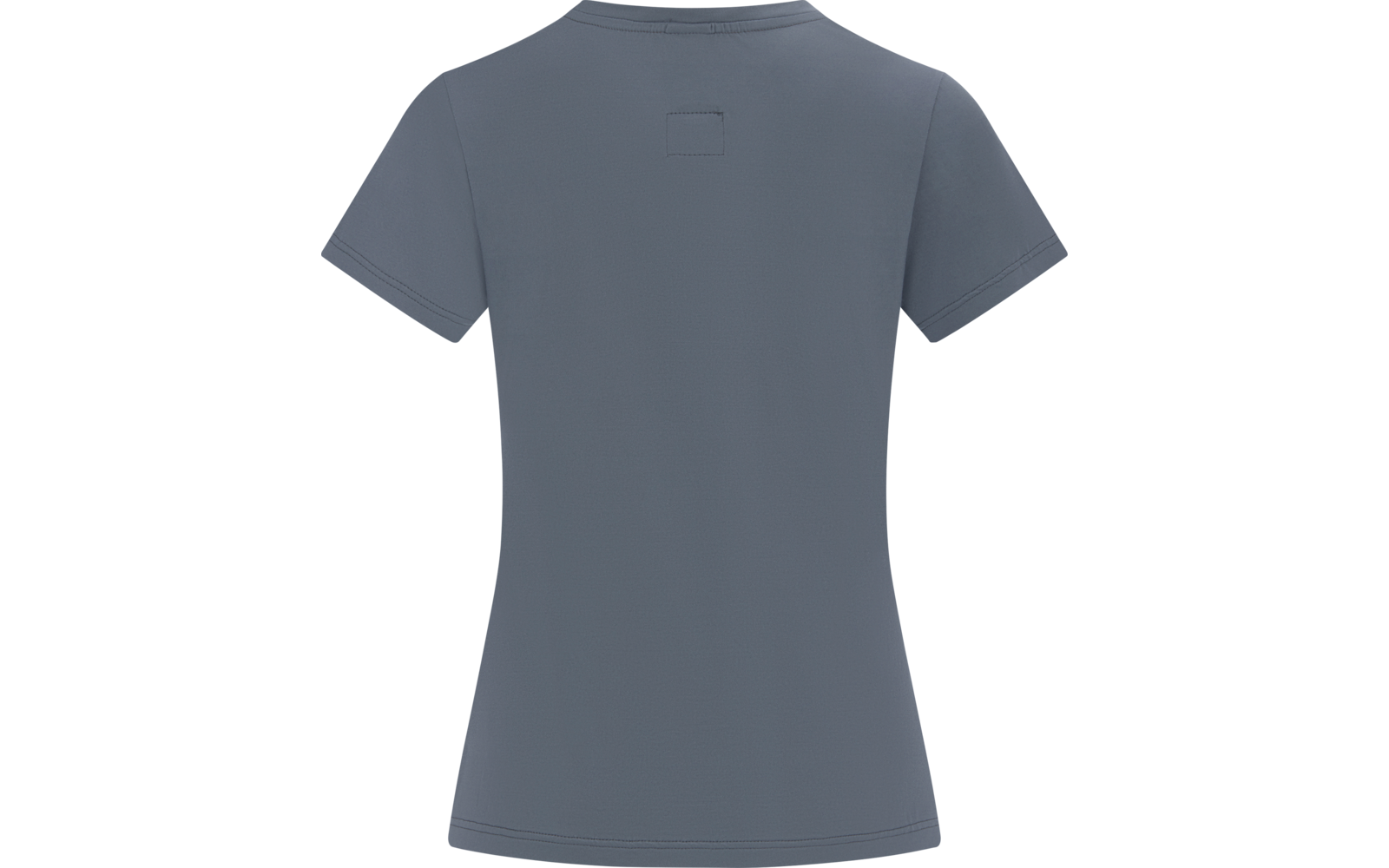 Rückansicht eines kurzärmligen, taillierten T-Shirts in graublauer Farbe auf weißem Hintergrund