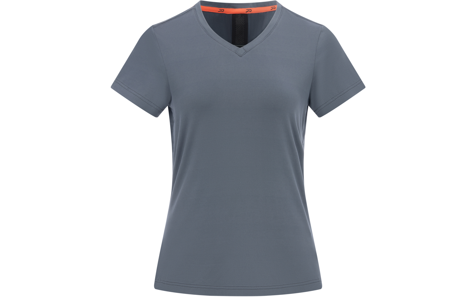 Graublaues T‑Shirt mit V‑Ausschnitt und kurzen Ärmeln, Vorderansicht vor weißem Hintergrund