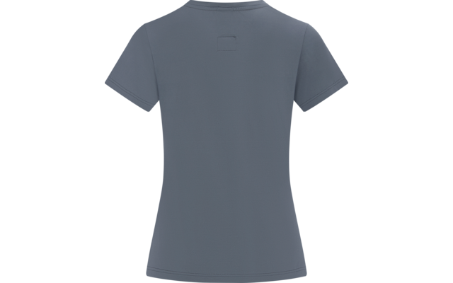 Rückansicht eines kurzärmligen, taillierten T-Shirts in graublauer Farbe auf weißem Hintergrund