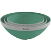 Drei ineinander gestapelte grüne Schüsseln mit weißem Rand