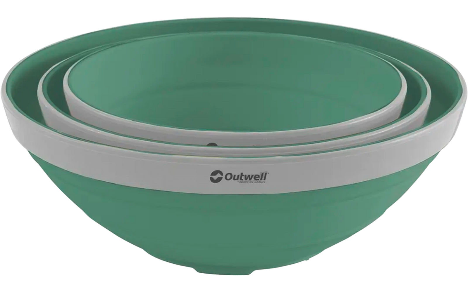 Drei ineinander gestapelte grüne Schüsseln mit weißem Rand