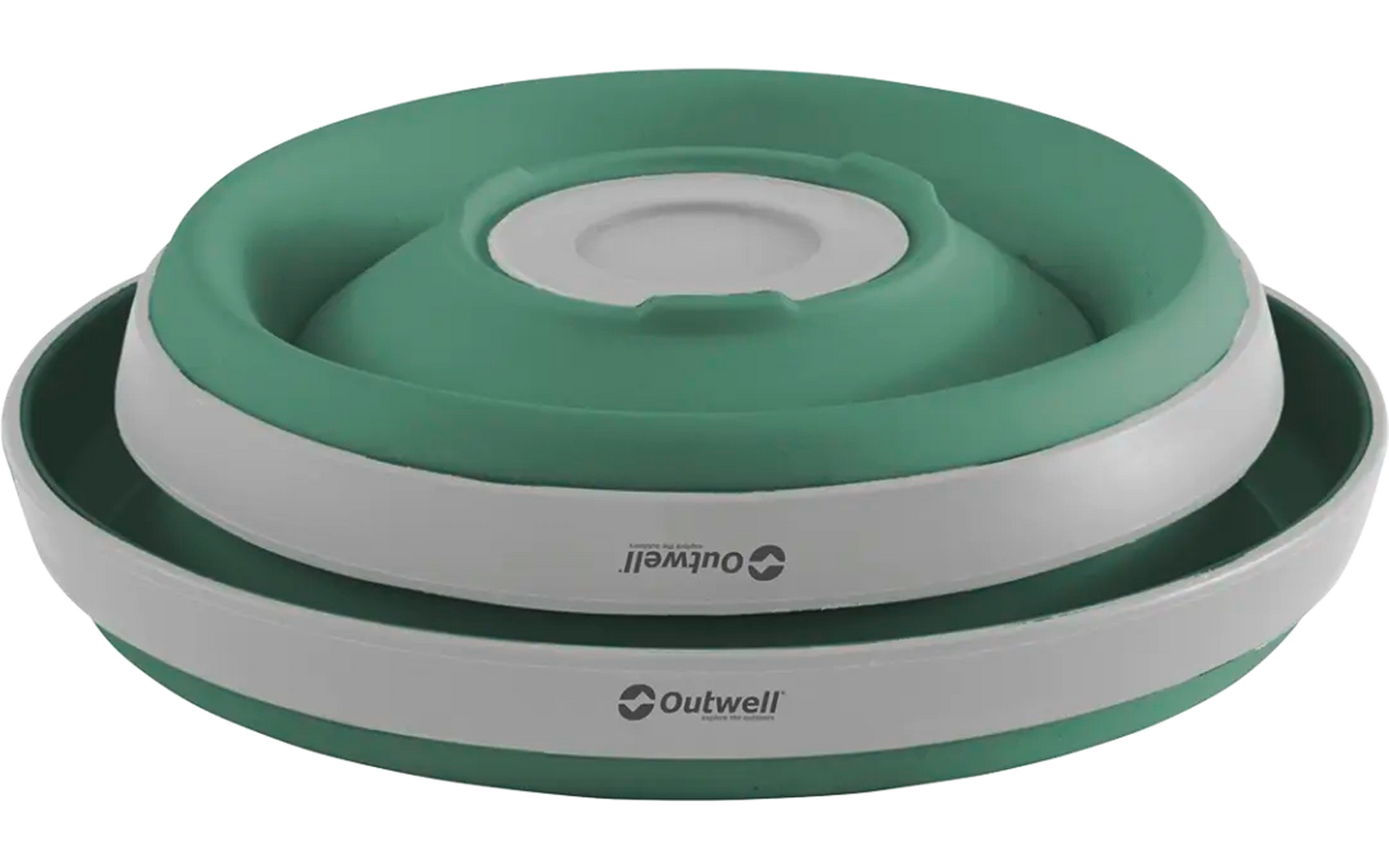 Grün-weißer faltbarer Trinkbecher mit einer grauen Kappe