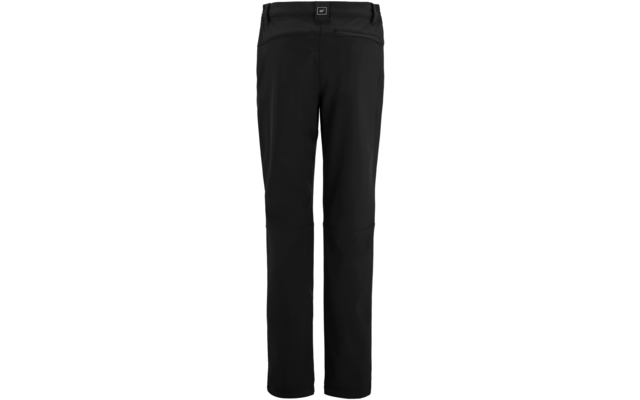 Zwarte broek, achteraanzicht, rechte pijpen, tailleband met riemlussen en zichtbare naad, klein vierkant label op het tailleband