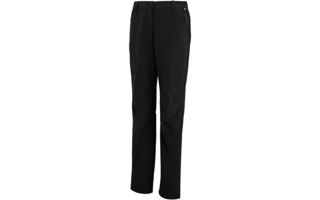 Zwarte lange broek, rechte pasvorm, tailleband met riemlussen en knoop, ritszak op de rechterheup, zichtbare naden bij het kruis en de knieën, voorkant op witte achtergrond