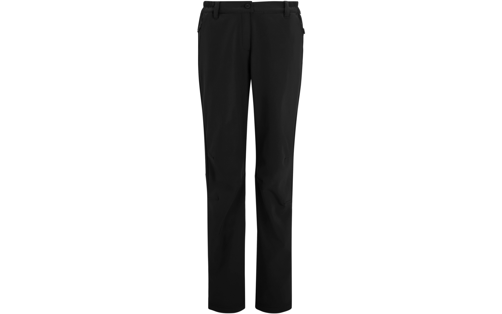 Zwarte broek met rechte pijpen, tailleband, knoopsluiting en twee zijritstassen op een witte achtergrond