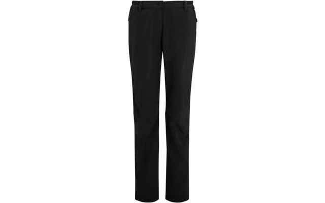 Zwarte broek met rechte pijpen, tailleband, knoopsluiting en twee zijritstassen op een witte achtergrond