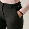 Onderlichaam van een persoon in zwarte broek, rechterhand in de voorzak, lichtroze top met lange mouwen en donker boord, zichtbare riemlussen en klein logo bij de zak