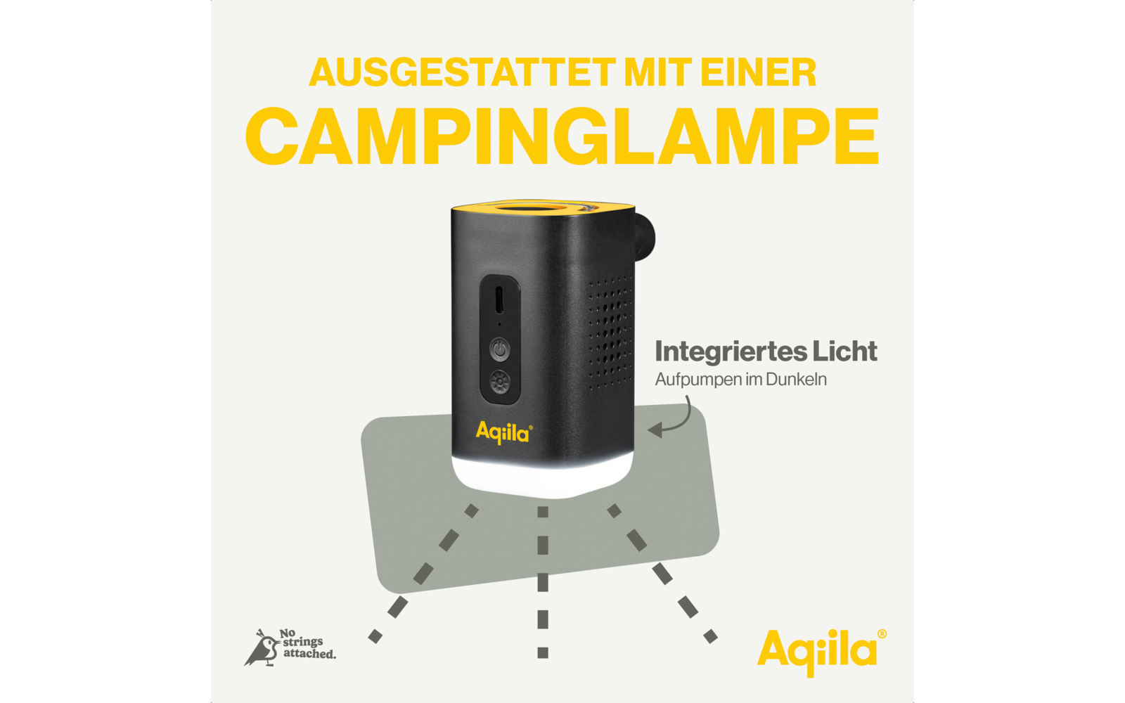 Campinglamp met geïntegreerd licht op grijze achtergrond, gele tekst bovenaan 'UITGERUST MET EEN CAMPINGLAMP'