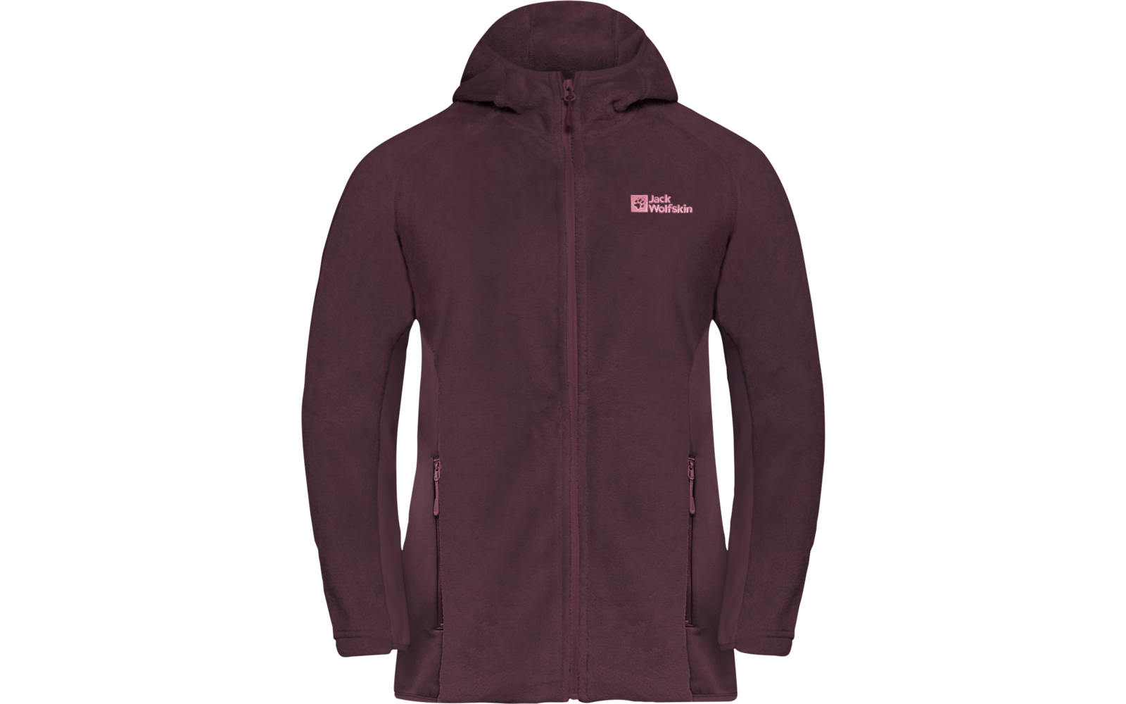 Dunkelrote Kapuzenjacke mit durchgehendem Reißverschluss und Logo auf der Brust