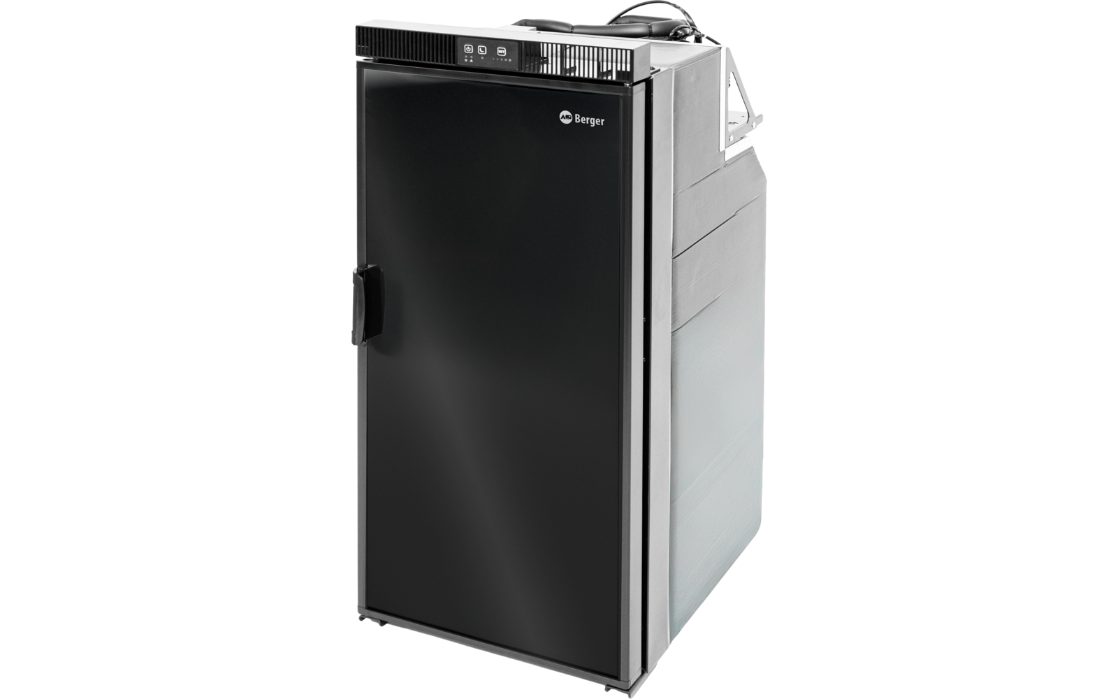 Kompakter schwarzer Kühlschrank mit linksseitigem Türgriff, silbernem Gehäuse, Lüftungsgitter und Bedienelementen oben, weißes rundes Logo und Schriftzug auf der Tür