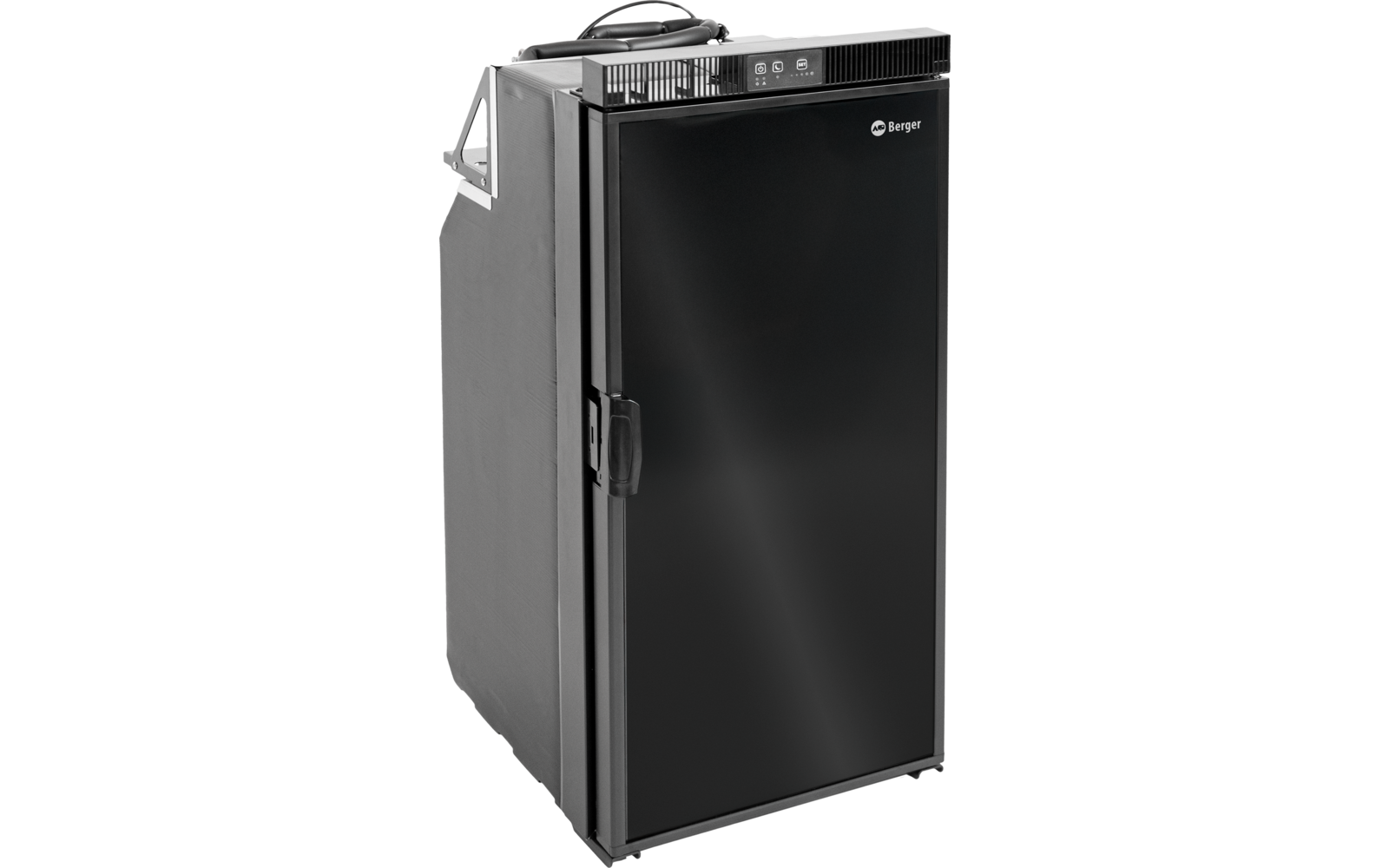 Schwarzer freistehender Kühlschrank mit glänzender Tür, seitlichem Griff, Lüftungsschlitzen oben und sichtbarem "Berger"-Logo
