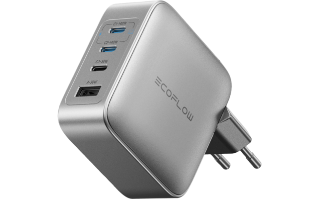 Zilveren USB-lader met twee USB-C- en twee USB-A-poorten