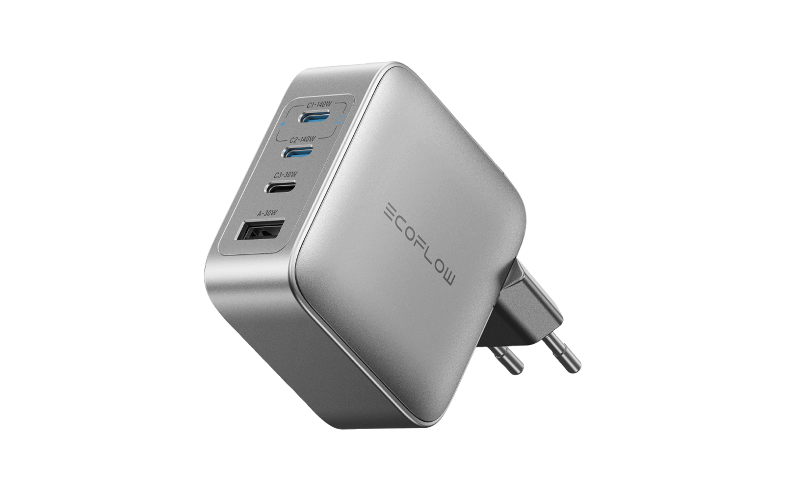 Zilveren USB-lader met twee USB-C- en twee USB-A-poorten