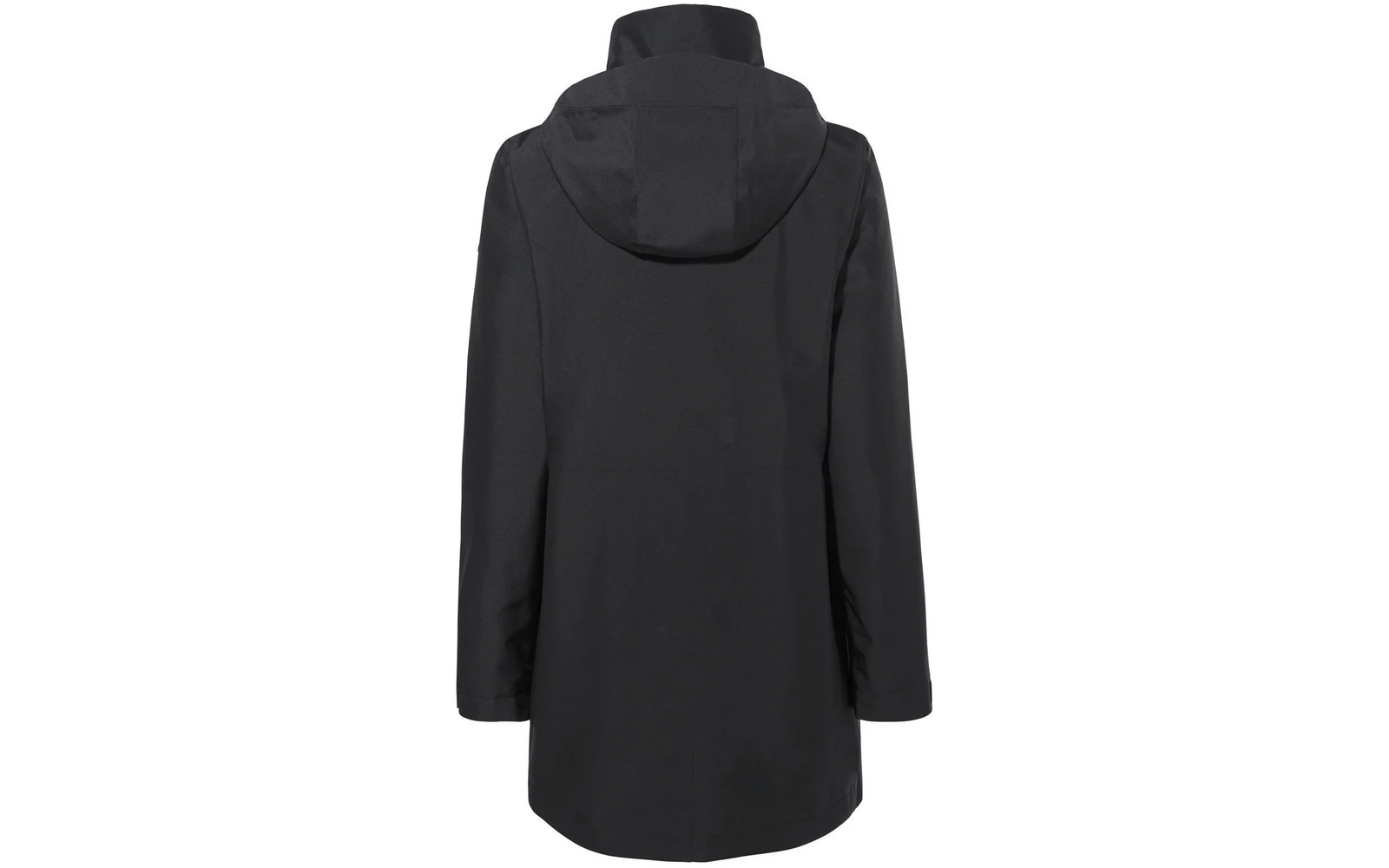 Rückansicht einer schwarzen Jacke mit Kapuze