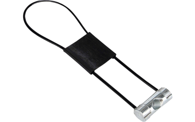 Cavo doppio ad anello nero con blocco rettangolare in plastica nera e cilindro metallico argentato con filetto interno