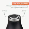 Geöffnete schwarze Isolierflasche von oben mit Edelstahlrand; darüber orangees Banner 'TOP ISOLIERUNG' und kleiner Text 'mit doppelwandiger Vakuumisolierung und integrierter Kupferschicht'; links Pfeil '8 h heiß', rechts Pfeil '12 h kalt'