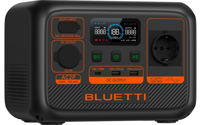 Elektronisches Gerät mit Steckdosen, Schaltern und Display, schwarz und orange