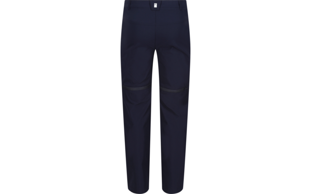 Back view of long dark blue pants with belt loops, seam lines and horizontal bands across the knees