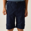 Lower torso of a person wearing dark blue knee-length shorts with a button, belt loops and side pockets; hands visible at the sides