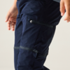 Close-up of navy blue cargo pants with multiple zippers; hands at the edges of the image