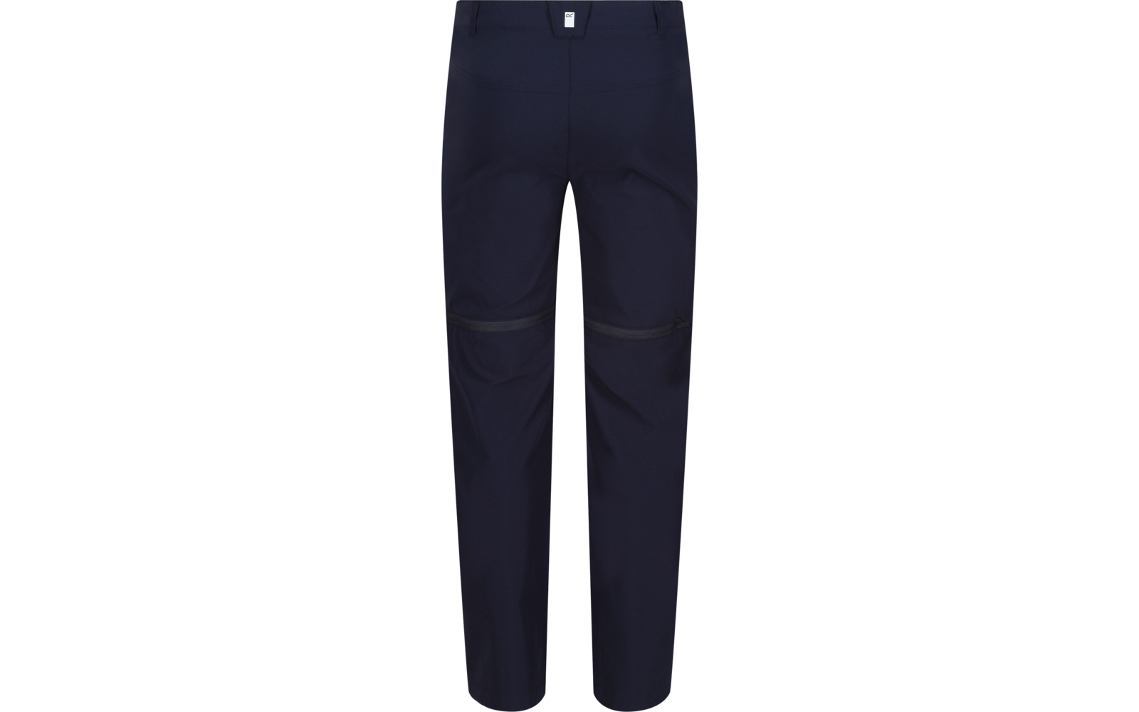 Back view of long dark blue pants with belt loops, seam lines and horizontal bands across the knees